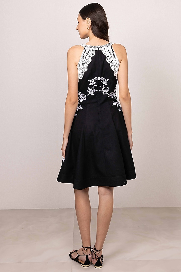 Black Poly Flex Floral Embroidered Halter Mini Vacation Dress by Ranna Gill at Pernia's Pop Up Shop
