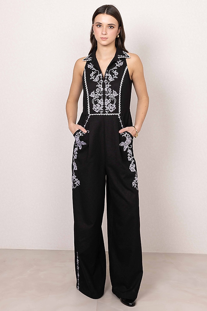 Black Poly Flex Embroidered Halter Jumpsuit by Ranna Gill at Pernia's Pop Up Shop