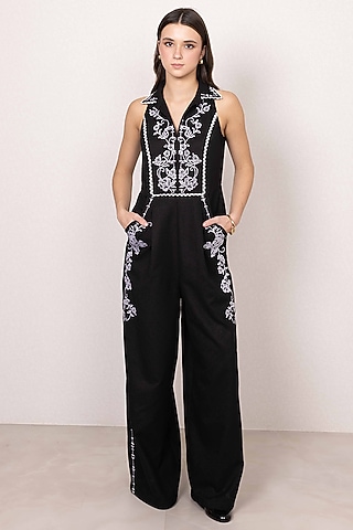 Black Poly Flex Embroidered Halter Jumpsuit by Ranna Gill