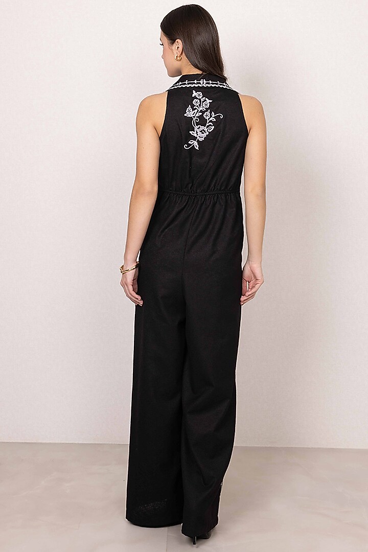 Black Poly Flex Embroidered Halter Jumpsuit by Ranna Gill at Pernia's Pop Up Shop