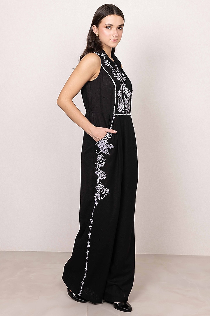 Black Poly Flex Embroidered Halter Jumpsuit by Ranna Gill at Pernia's Pop Up Shop