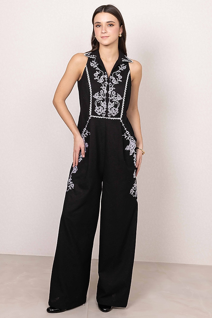 Black Poly Flex Embroidered Halter Jumpsuit by Ranna Gill at Pernia's Pop Up Shop