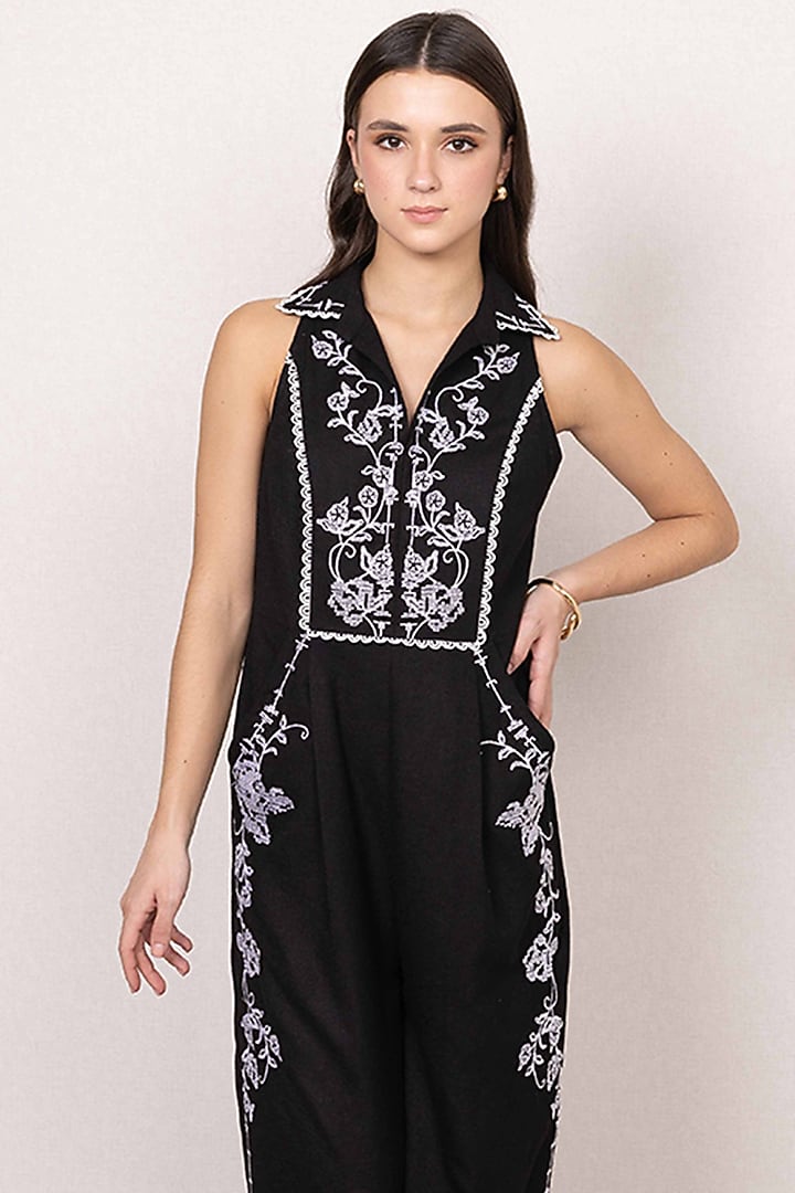 Black Poly Flex Embroidered Halter Jumpsuit by Ranna Gill at Pernia's Pop Up Shop