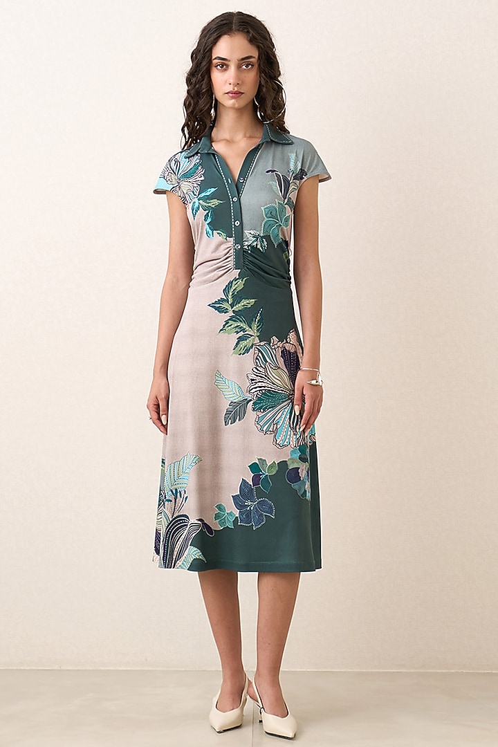 Multi-Colored Jersey Floral Embroidered Midi Vacation Dress by Ranna Gill at Pernia's Pop Up Shop