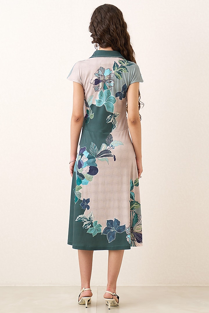 Multi-Colored Jersey Floral Embroidered Midi Vacation Dress by Ranna Gill at Pernia's Pop Up Shop