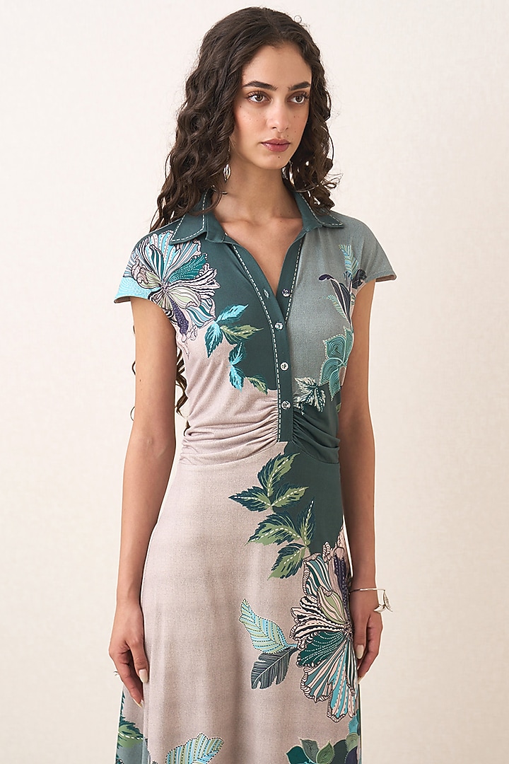 Multi-Colored Jersey Floral Embroidered Midi Vacation Dress by Ranna Gill at Pernia's Pop Up Shop