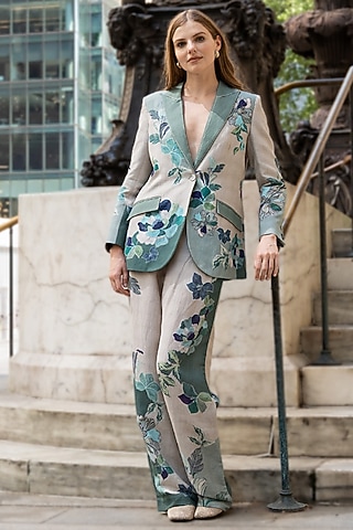 Multi-Colored Linen Viscose Floral Printed Jacket Set by Ranna Gill