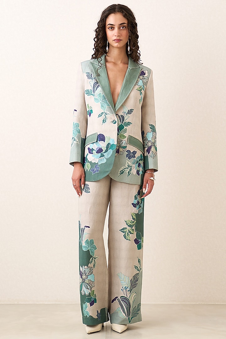 Multi-Colored Linen Viscose Floral Printed Jacket Set by Ranna Gill at Pernia's Pop Up Shop