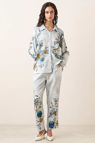 Multi-Colored Tencel Twill Floral Printed Jacket Set by Ranna Gill