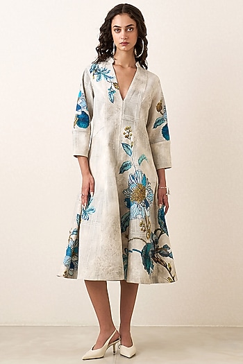 Multi-Colored Denim Floral Embroidered Midi Vacation Dress by Ranna Gill at Pernia's Pop Up Shop