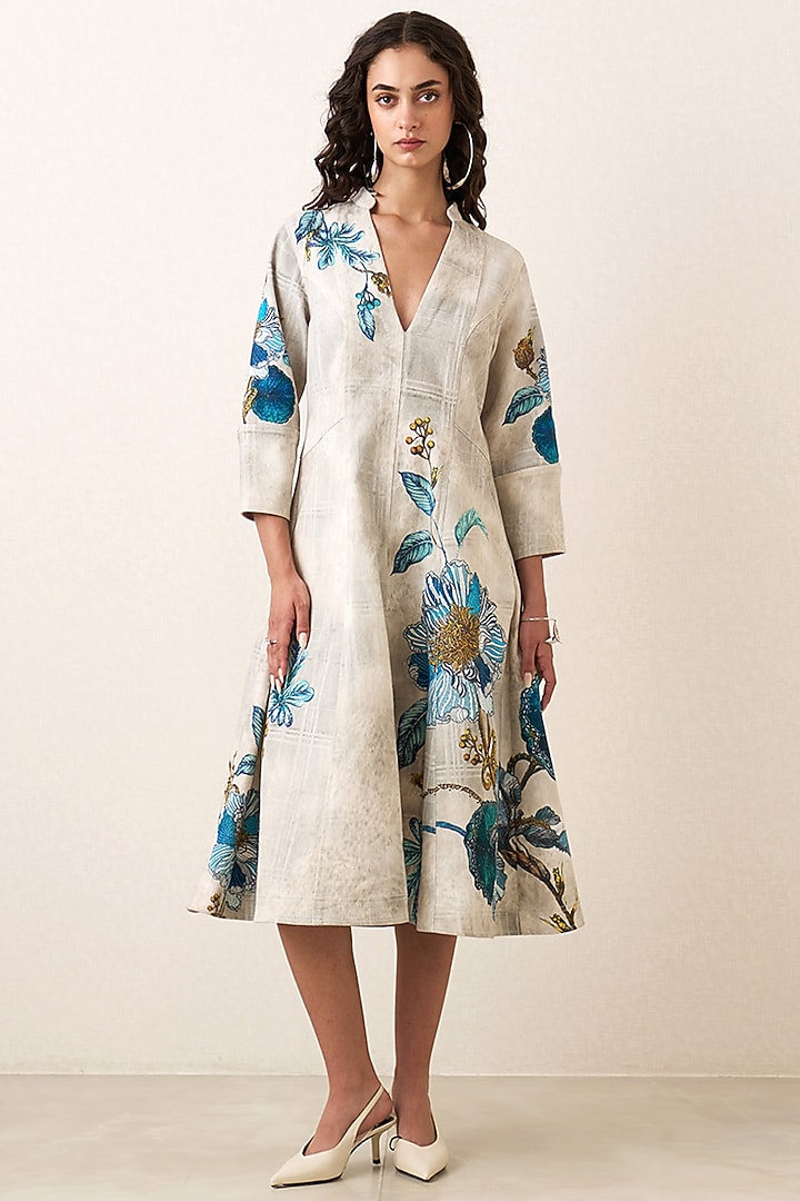 Multi-Colored Denim Floral Embroidered Midi Vacation Dress by Ranna Gill at Pernia's Pop Up Shop