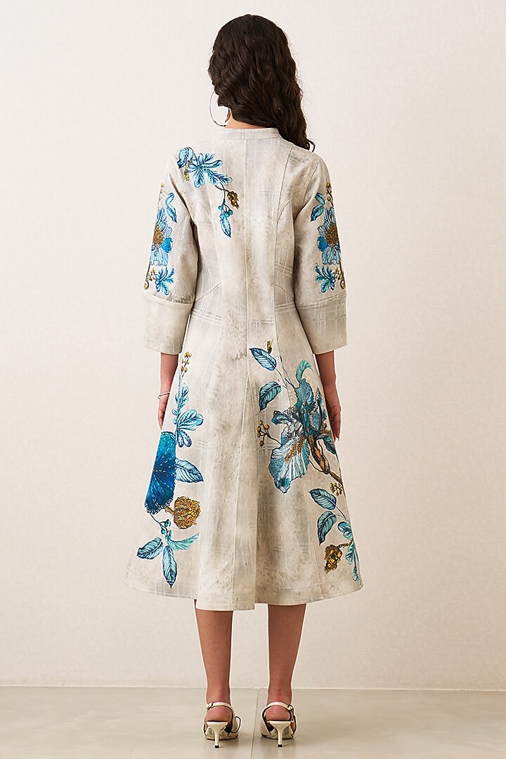 Multi-Colored Denim Floral Embroidered Midi Vacation Dress by Ranna Gill at Pernia's Pop Up Shop