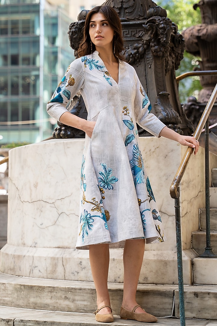 Multi-Colored Denim Floral Embroidered Midi Vacation Dress by Ranna Gill at Pernia's Pop Up Shop
