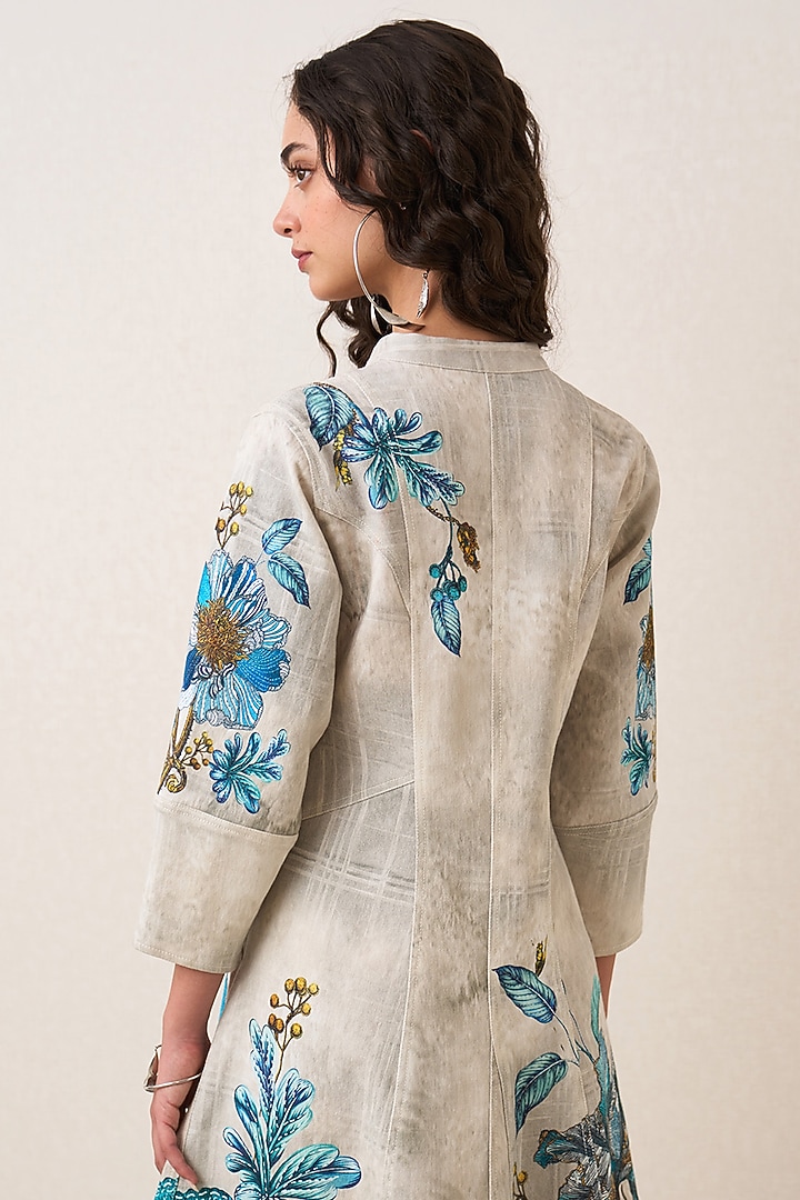 Multi-Colored Denim Floral Embroidered Midi Vacation Dress by Ranna Gill at Pernia's Pop Up Shop