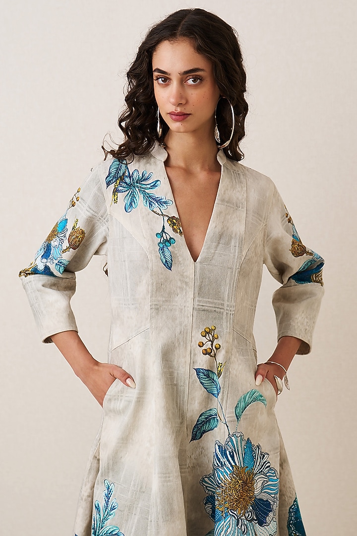 Multi-Colored Denim Floral Embroidered Midi Vacation Dress by Ranna Gill at Pernia's Pop Up Shop