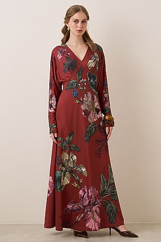Rust Red Jersey Floral Printed Halter Maxi Dress by Ranna Gill