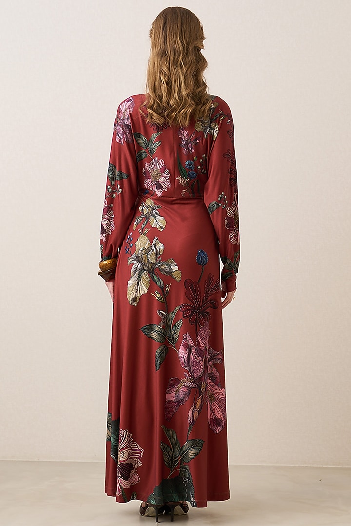 Rust Red Jersey Floral Printed Halter Maxi Vacation Dress by Ranna Gill at Pernia's Pop Up Shop
