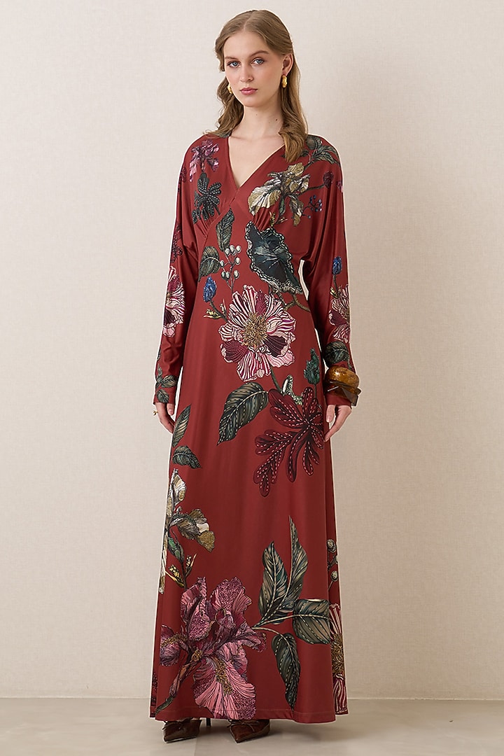 Rust Red Jersey Floral Printed Halter Maxi Vacation Dress by Ranna Gill at Pernia's Pop Up Shop