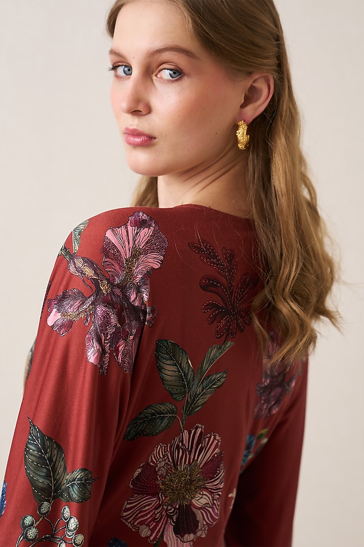 Rust Red Jersey Floral Printed Halter Maxi Vacation Dress by Ranna Gill at Pernia's Pop Up Shop
