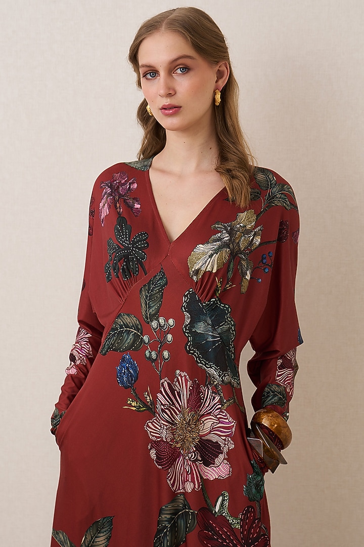 Rust Red Jersey Floral Printed Halter Maxi Vacation Dress by Ranna Gill at Pernia's Pop Up Shop