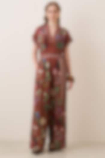 Rust Red Linen Viscose Floral Printed Jumpsuit by Ranna Gill at Pernia's Pop Up Shop