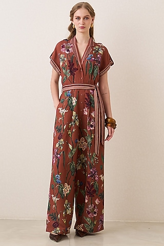 Rust Red Linen Viscose Floral Printed Jumpsuit by Ranna Gill