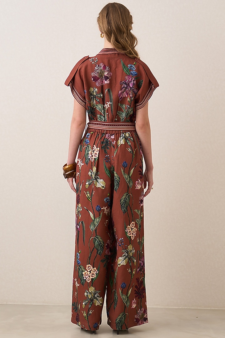 Rust Red Linen Viscose Floral Printed Jumpsuit by Ranna Gill at Pernia's Pop Up Shop