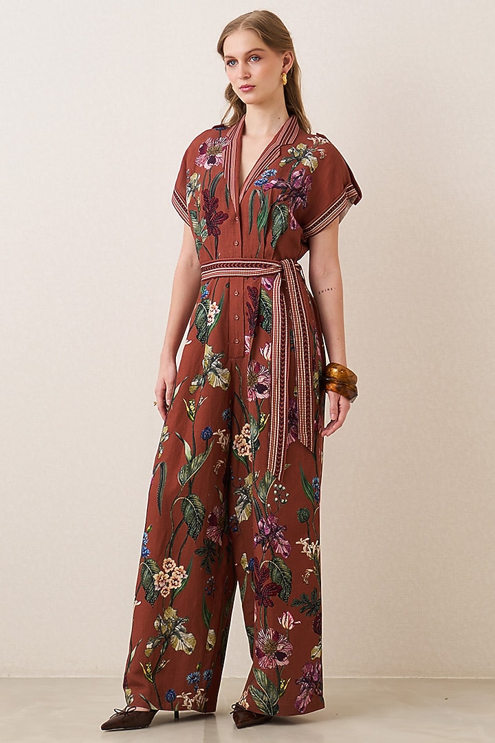 Rust Red Linen Viscose Floral Printed Jumpsuit by Ranna Gill at Pernia's Pop Up Shop