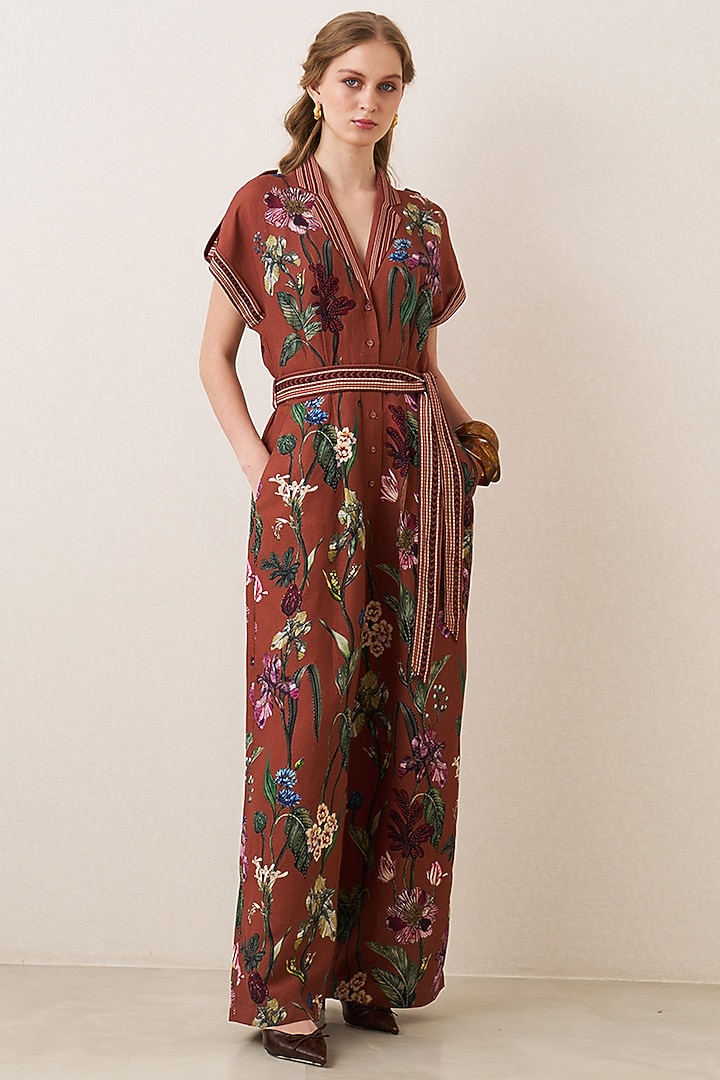 Rust Red Linen Viscose Floral Printed Jumpsuit by Ranna Gill at Pernia's Pop Up Shop
