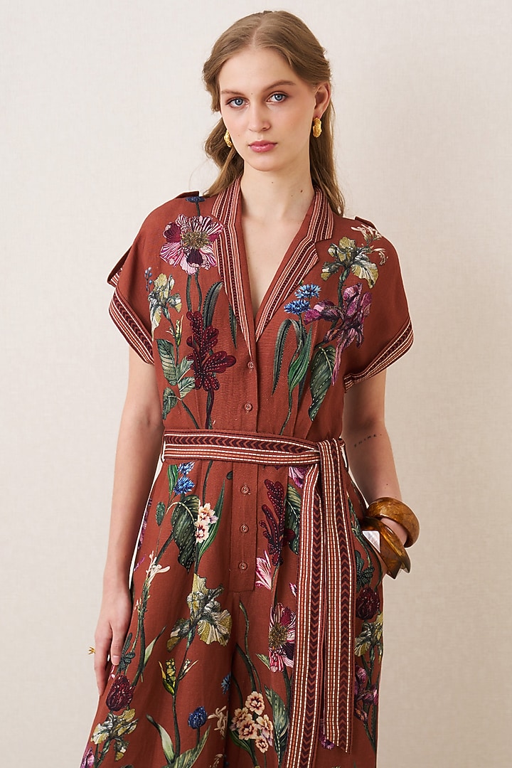 Rust Red Linen Viscose Floral Printed Jumpsuit by Ranna Gill at Pernia's Pop Up Shop