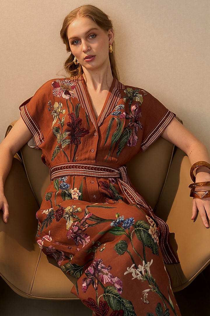 Rust Red Linen Viscose Floral Printed Jumpsuit by Ranna Gill at Pernia's Pop Up Shop
