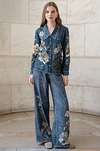 Indigo Blue Tencel Twill Floral Printed Co-Ord Set by Ranna Gill at Pernia's Pop Up Shop