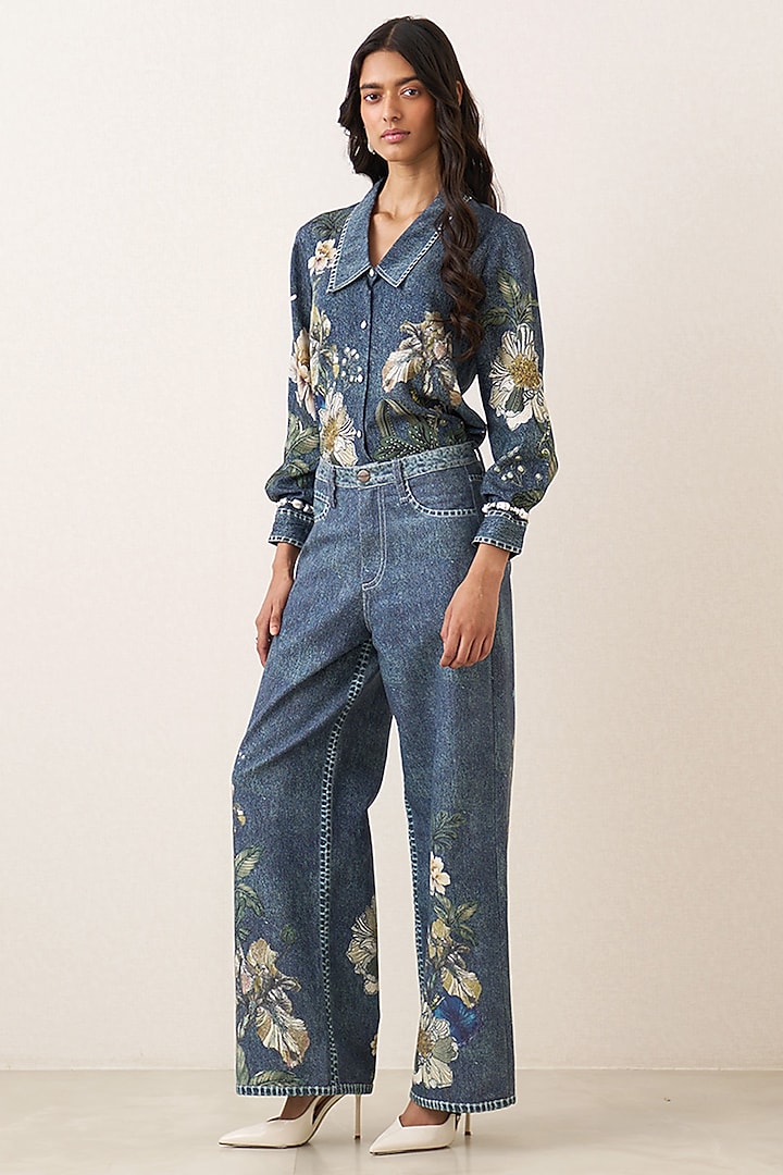Indigo Blue Tencel Twill Floral Printed Co-Ord Set by Ranna Gill at Pernia's Pop Up Shop