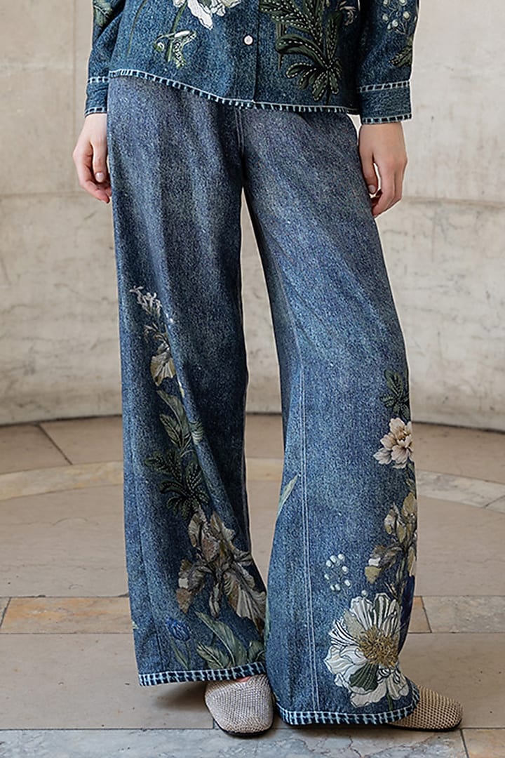 Indigo Blue Tencel Twill Floral Printed Co-Ord Set by Ranna Gill at Pernia's Pop Up Shop