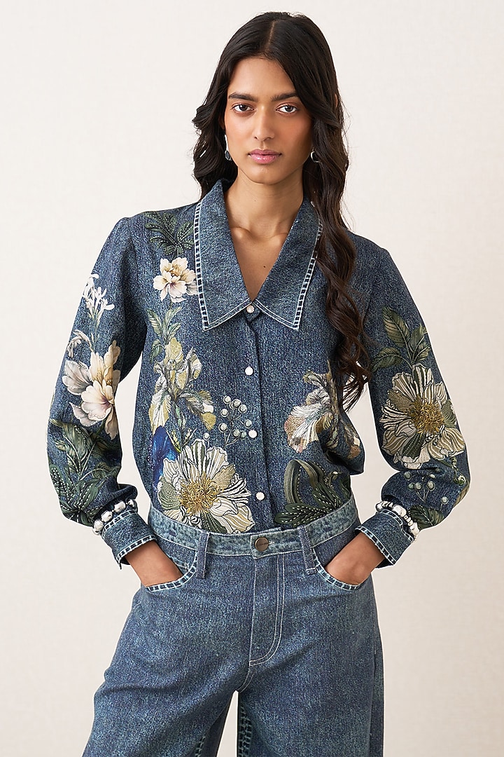 Indigo Blue Tencel Twill Floral Printed Co-Ord Set by Ranna Gill at Pernia's Pop Up Shop