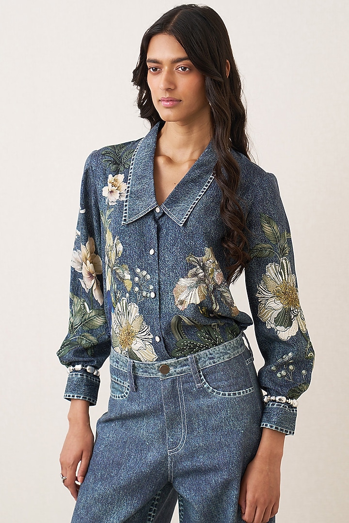 Indigo Blue Tencel Twill Floral Printed Co-Ord Set by Ranna Gill at Pernia's Pop Up Shop