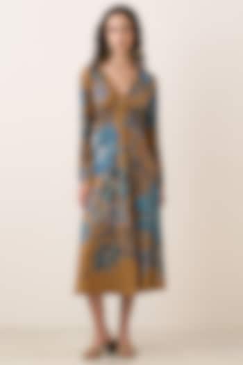Mustard Jersey Floral Artwork Gathered Midi Vacation Dress by Ranna Gill at Pernia's Pop Up Shop