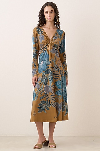 Mustard Jersey Floral Artwork Gathered Midi Dress by Ranna Gill