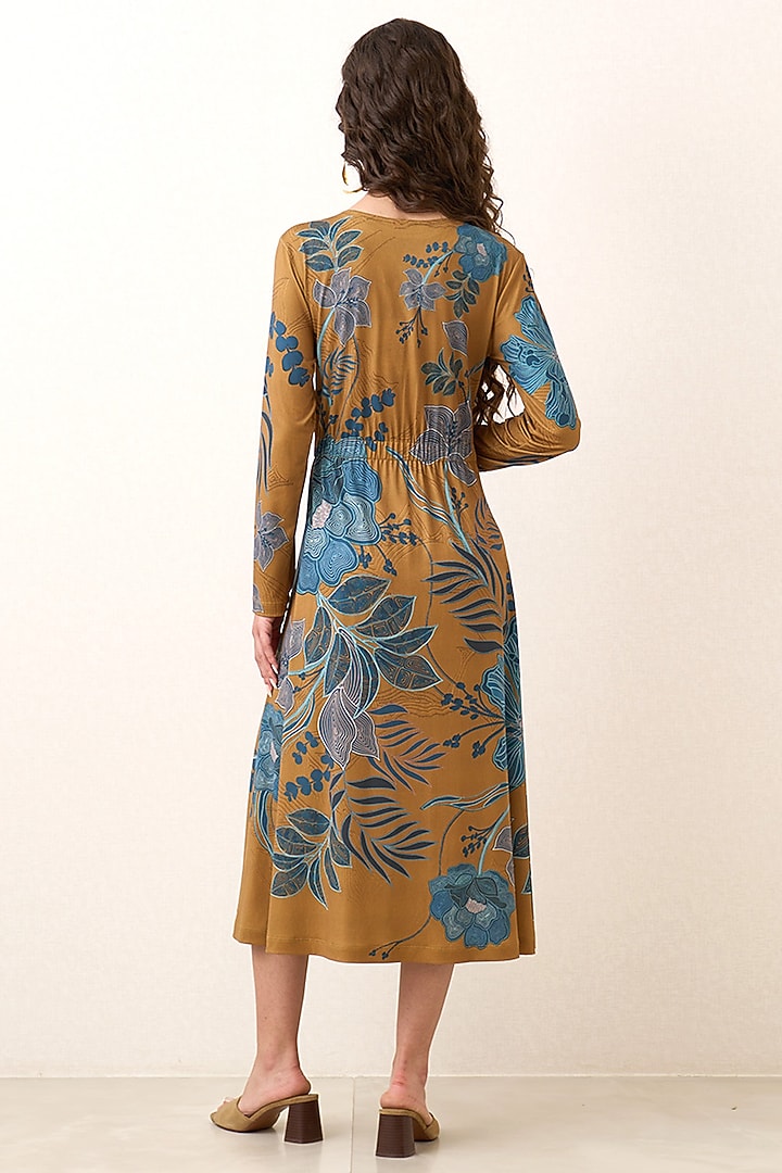 Mustard Jersey Floral Artwork Gathered Midi Vacation Dress by Ranna Gill at Pernia's Pop Up Shop