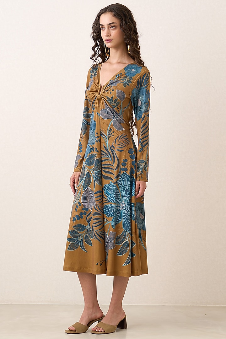 Mustard Jersey Floral Artwork Gathered Midi Vacation Dress by Ranna Gill at Pernia's Pop Up Shop