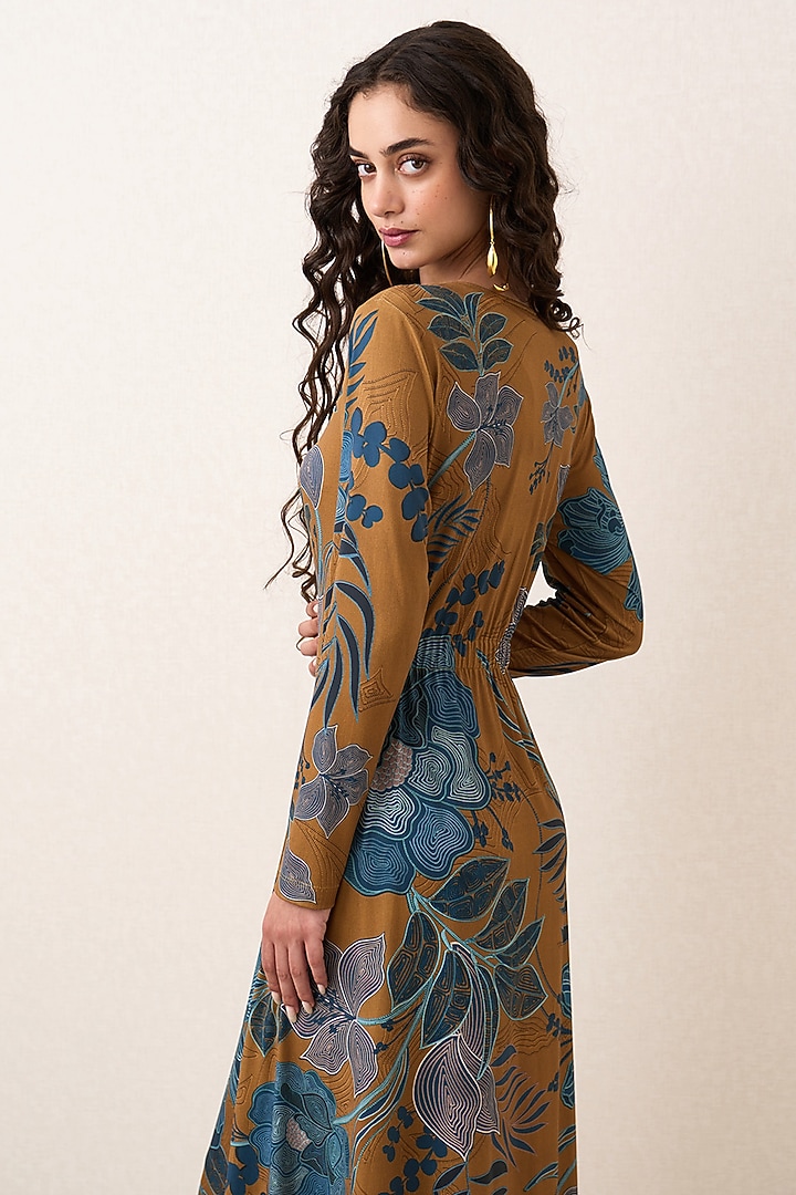 Mustard Jersey Floral Artwork Gathered Midi Vacation Dress by Ranna Gill at Pernia's Pop Up Shop