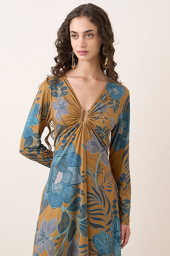 Mustard Jersey Floral Artwork Gathered Midi Vacation Dress by Ranna Gill at Pernia's Pop Up Shop