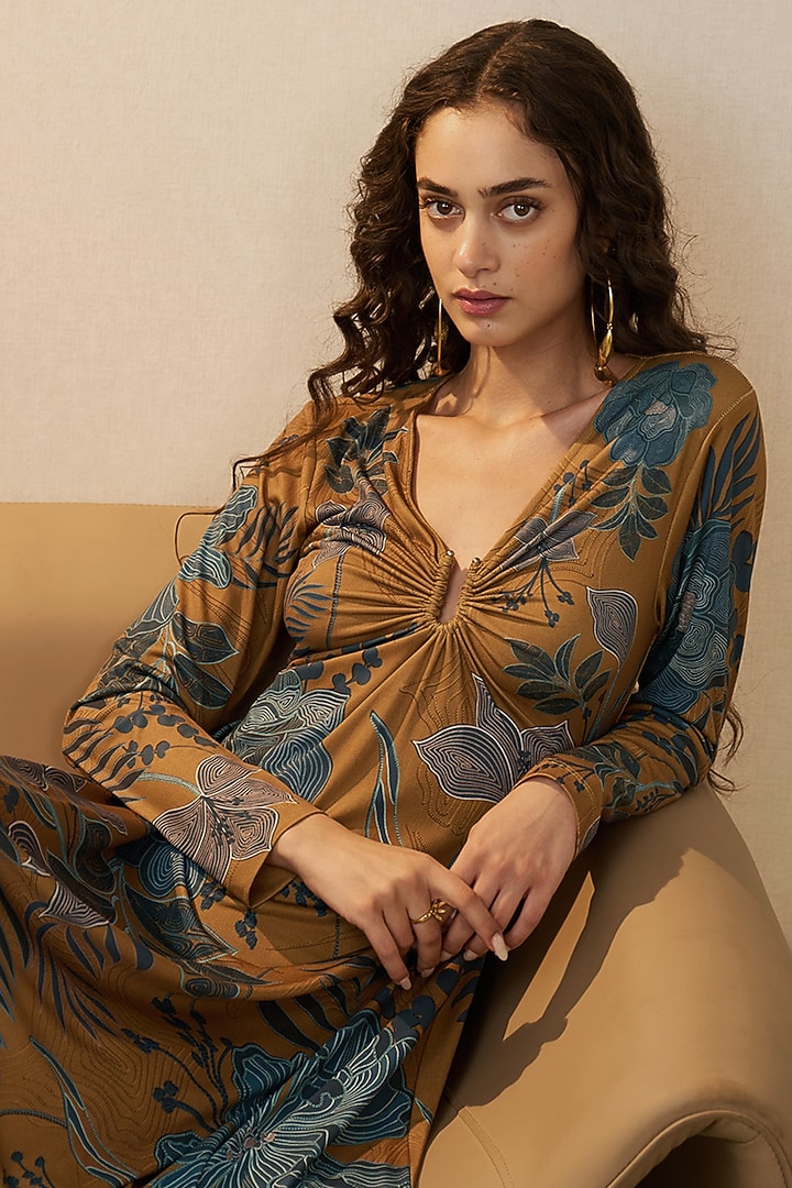 Mustard Jersey Floral Artwork Gathered Midi Vacation Dress by Ranna Gill at Pernia's Pop Up Shop