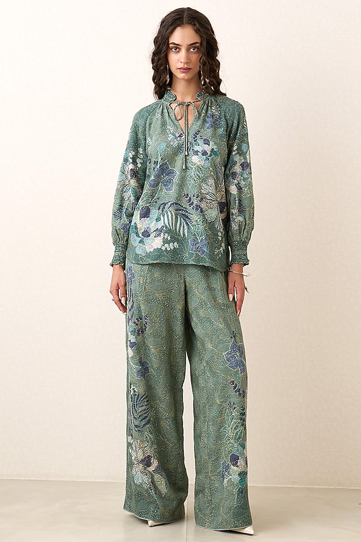 Sage Green Georgette Floral Printed Co-Ord Set by Ranna Gill at Pernia's Pop Up Shop