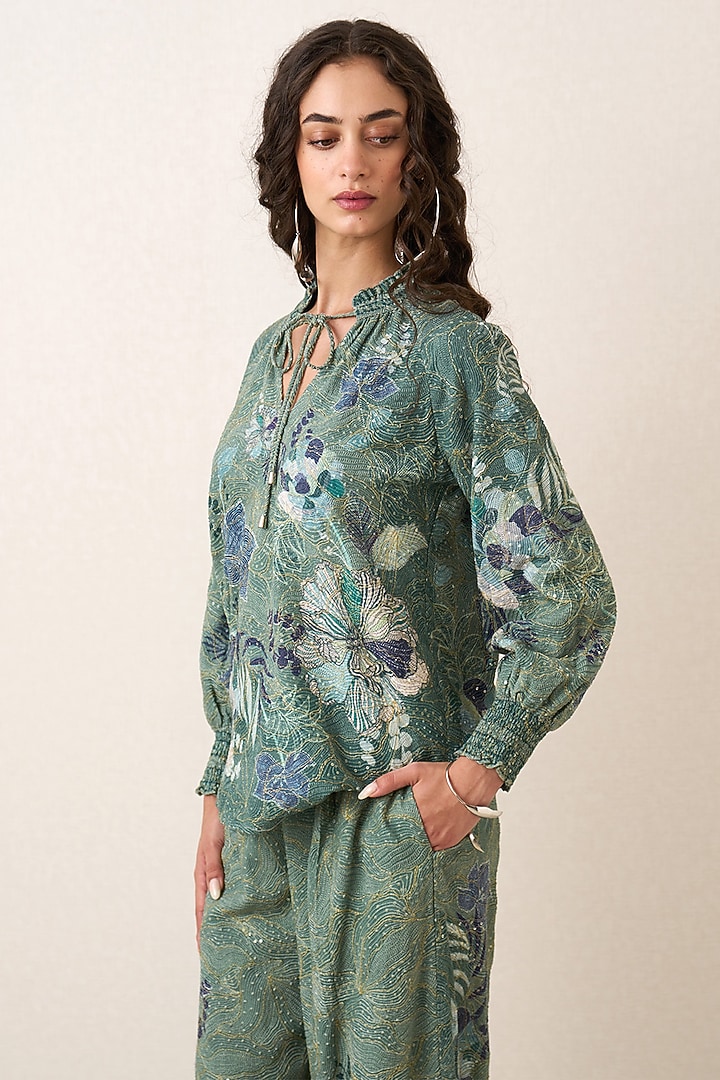 Sage Green Georgette Floral Printed Co-Ord Set by Ranna Gill at Pernia's Pop Up Shop