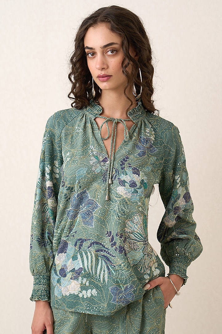 Sage Green Georgette Floral Printed Co-Ord Set by Ranna Gill at Pernia's Pop Up Shop