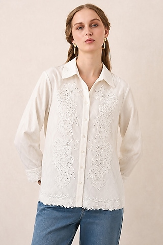 White Cotton Dubby Thread Embroidered Shirt by Ranna Gill