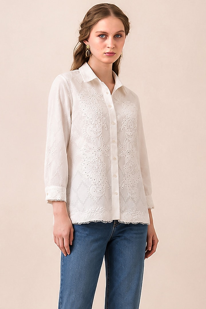 White Cotton Dubby Thread Embroidered Shirt by Ranna Gill at Pernia's Pop Up Shop