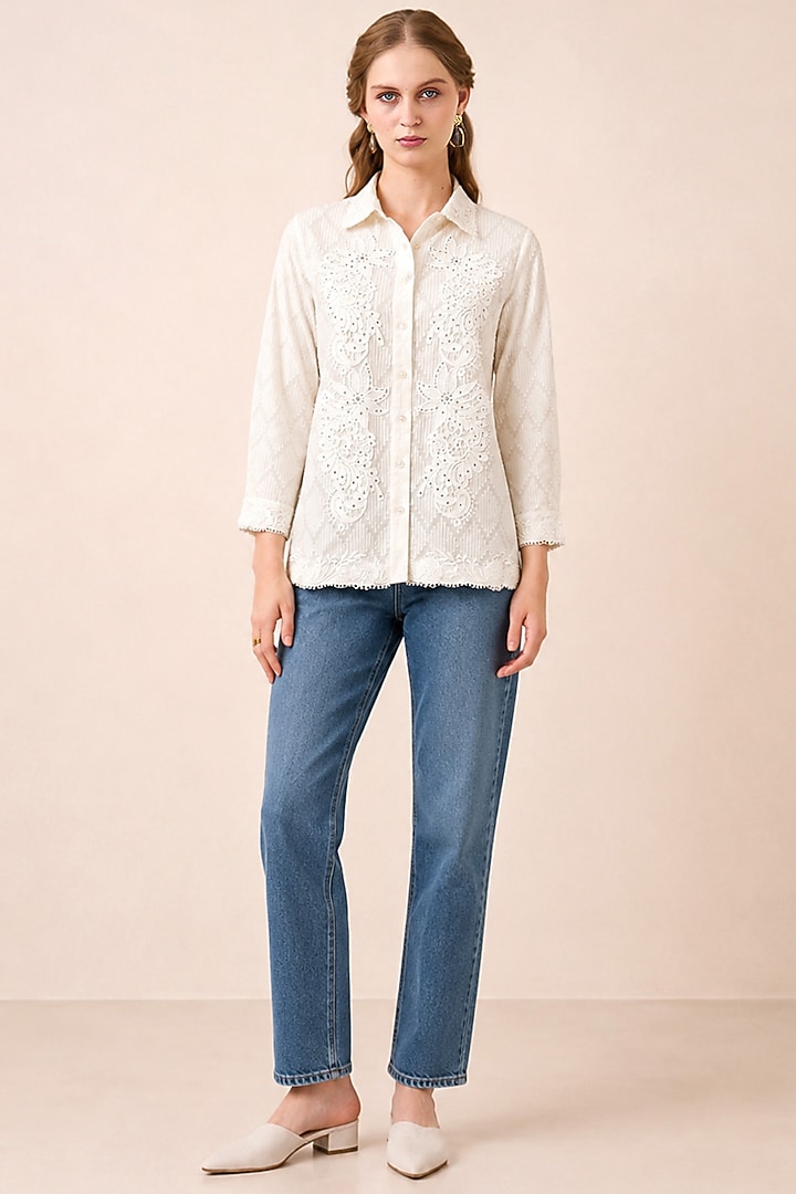 White Cotton Dubby Thread Embroidered Shirt by Ranna Gill at Pernia's Pop Up Shop