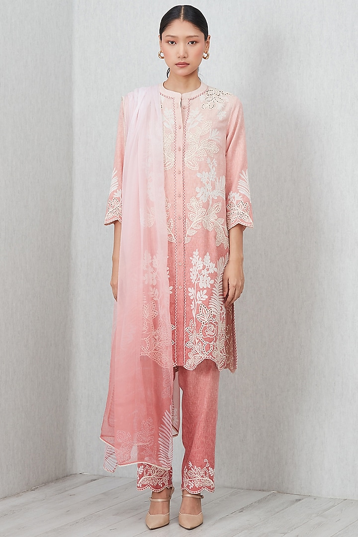 Blush Pink Poly Flex Thread Embroidered Tunic Set by Ranna Gill at Pernia's Pop Up Shop